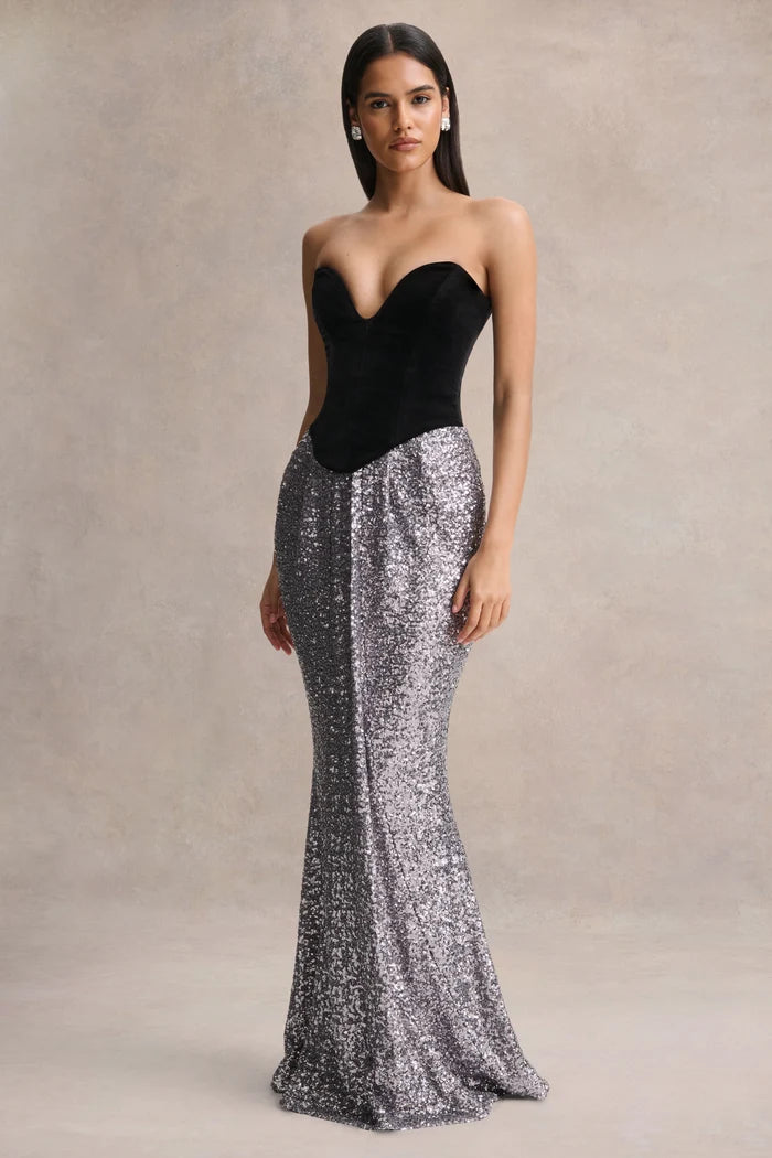Silver and Black Velvet and Sequin Mermaid Sweetheart Floor Length Dress - Aabei Dress