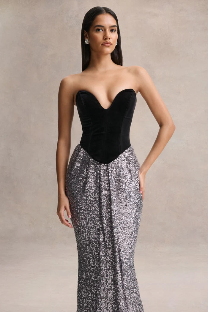 Silver and Black Velvet and Sequin Mermaid Sweetheart Floor Length Dress - Aabei Dress