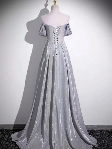 Silver Glitter Fabric A-Line Off-the-Shoulder Lace-Up Back Floor-Length Dress Back View - Aabei Dress