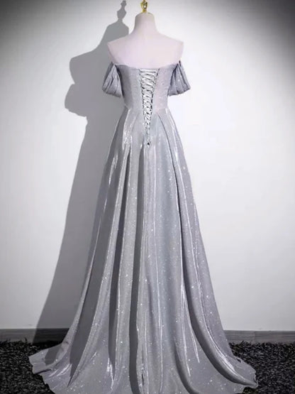 Silver Glitter Fabric A-Line Off-the-Shoulder Lace-Up Back Floor-Length Dress Back View - Aabei Dress