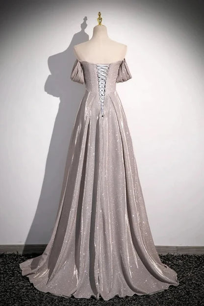 Silver Glitter Fabric A-Line Off-the-Shoulder Lace-Up Back Floor-Length Dress Back View - Aabei Dress