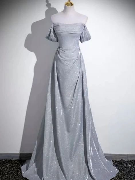 Silver Glitter Fabric A-Line Off-the-Shoulder Lace-Up Back Floor-Length Dress Front View - Aabei Dress