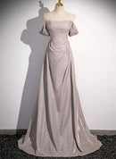 Silver Glitter Fabric A-Line Off-the-Shoulder Lace-Up Back Floor-Length Dress Front View - Aabei Dress