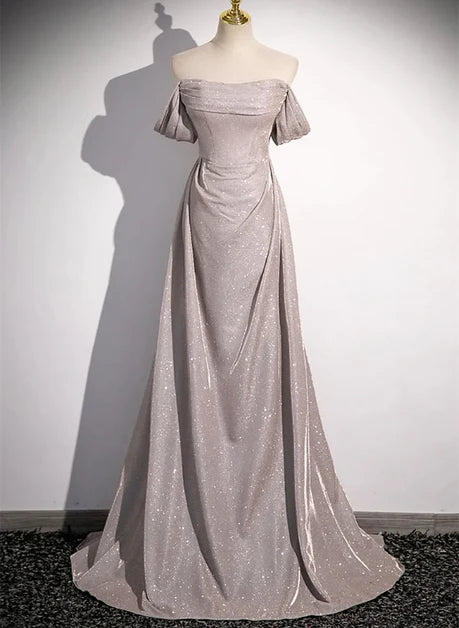Silver Glitter Fabric A-Line Off-the-Shoulder Lace-Up Back Floor-Length Dress Front View - Aabei Dress