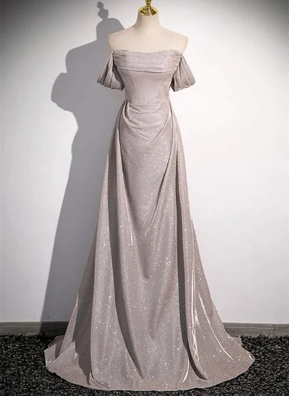 Silver Glitter Fabric A-Line Off-the-Shoulder Lace-Up Back Floor-Length Dress Front View - Aabei Dress