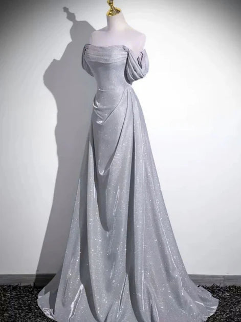 Silver Glitter Fabric A-Line Off-the-Shoulder Lace-Up Back Floor-Length Dress - Aabei Dress