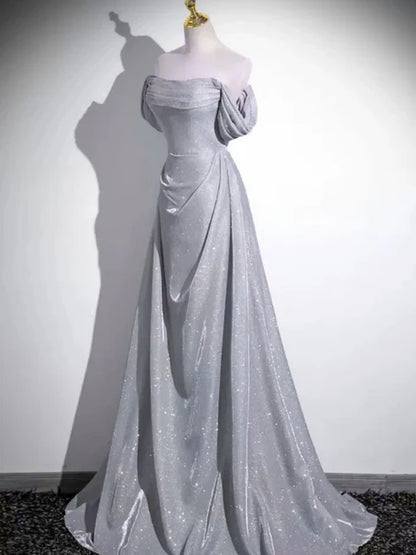 Silver Glitter Fabric A-Line Off-the-Shoulder Lace-Up Back Floor-Length Dress - Aabei Dress