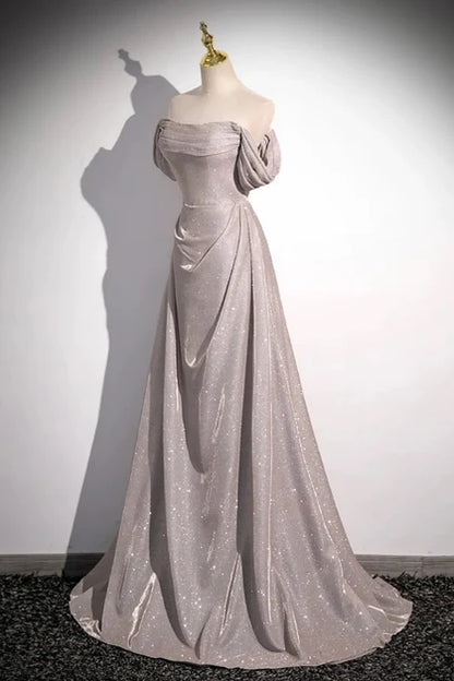 Silver Glitter Fabric A-Line Off-the-Shoulder Lace-Up Back Floor-Length Dress - Aabei Dress