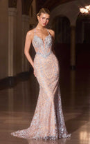 Silver Glitter Mesh Sequins Trumpet Halter Lace-Up Floor-Length Dress Front View - Aabei Dress