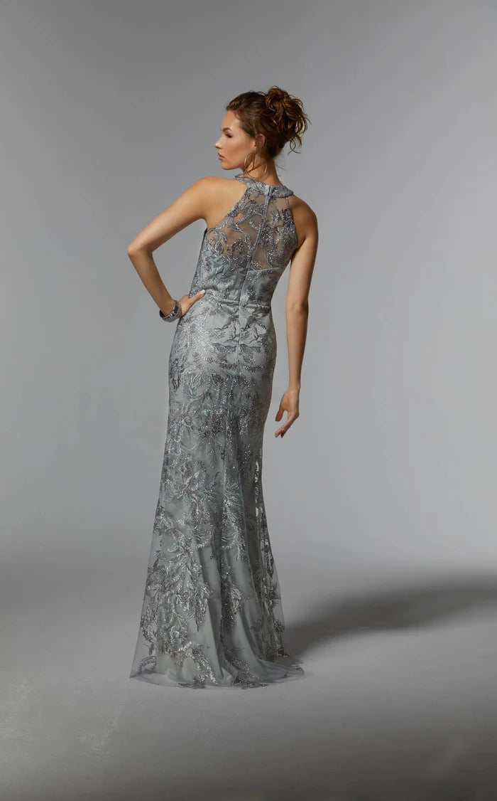 Silver Glitter Mesh sheath-column halter illusion-back floor-length Dress Back View - Aabei Dress