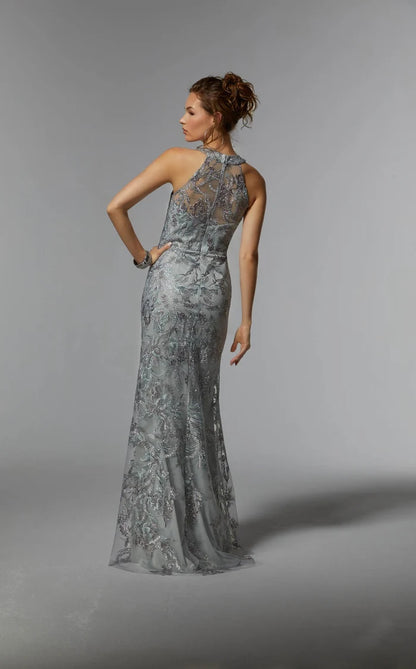 Silver Glitter Mesh sheath-column halter illusion-back floor-length Dress Back View - Aabei Dress