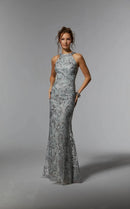 Silver Glitter Mesh sheath-column halter illusion-back floor-length Dress Front View - Aabei Dress