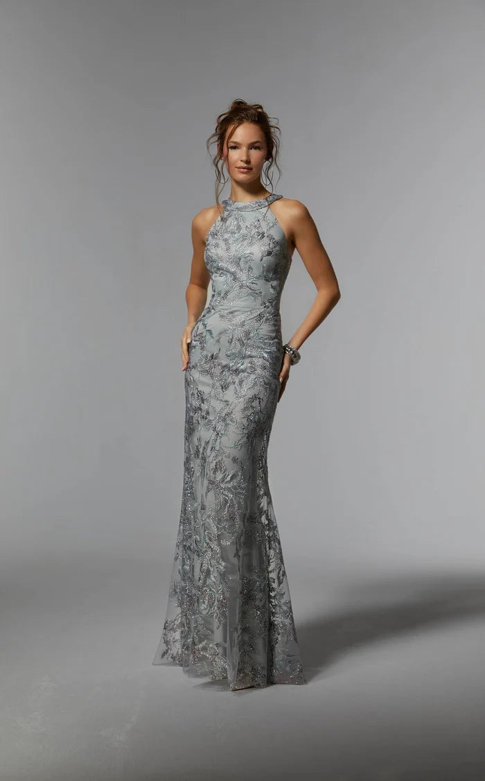 Silver Glitter Mesh sheath-column halter illusion-back floor-length Dress Front View - Aabei Dress