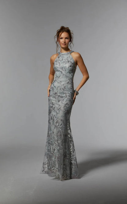 Silver Glitter Mesh sheath-column halter illusion-back floor-length Dress Front View - Aabei Dress