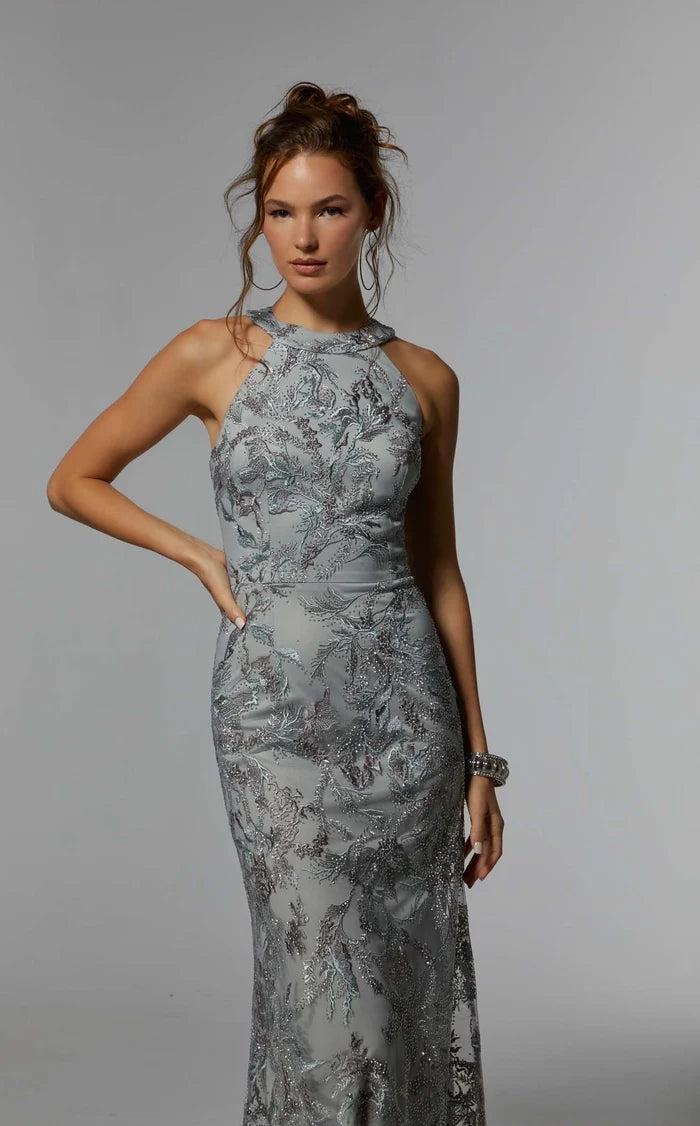 Silver Glitter Mesh sheath-column halter illusion-back floor-length Dress - Aabei Dress