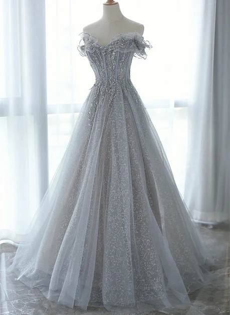 Silver Glitter Tulle A-Line Off-the-Shoulder Zipper Back Floor-Length Dress - Aabei Dress