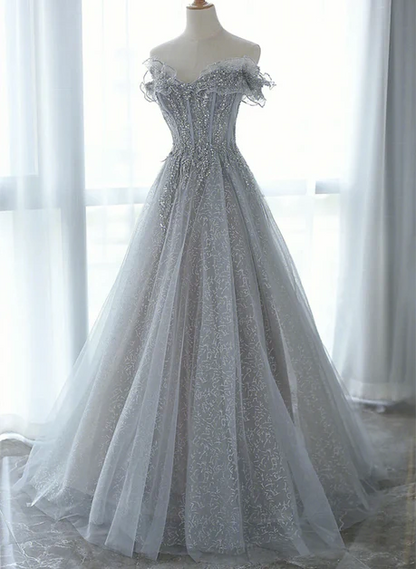 Silver Glitter Tulle A-Line Off-the-Shoulder Zipper Back Floor-Length Dress - Aabei Dress