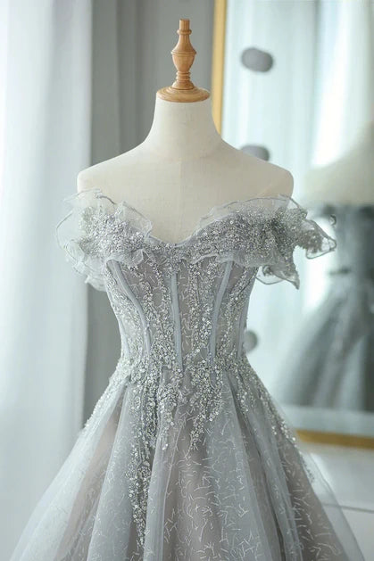 Silver Glitter Tulle A-Line Off-the-Shoulder Zipper Back Floor-Length Dress - Aabei Dress