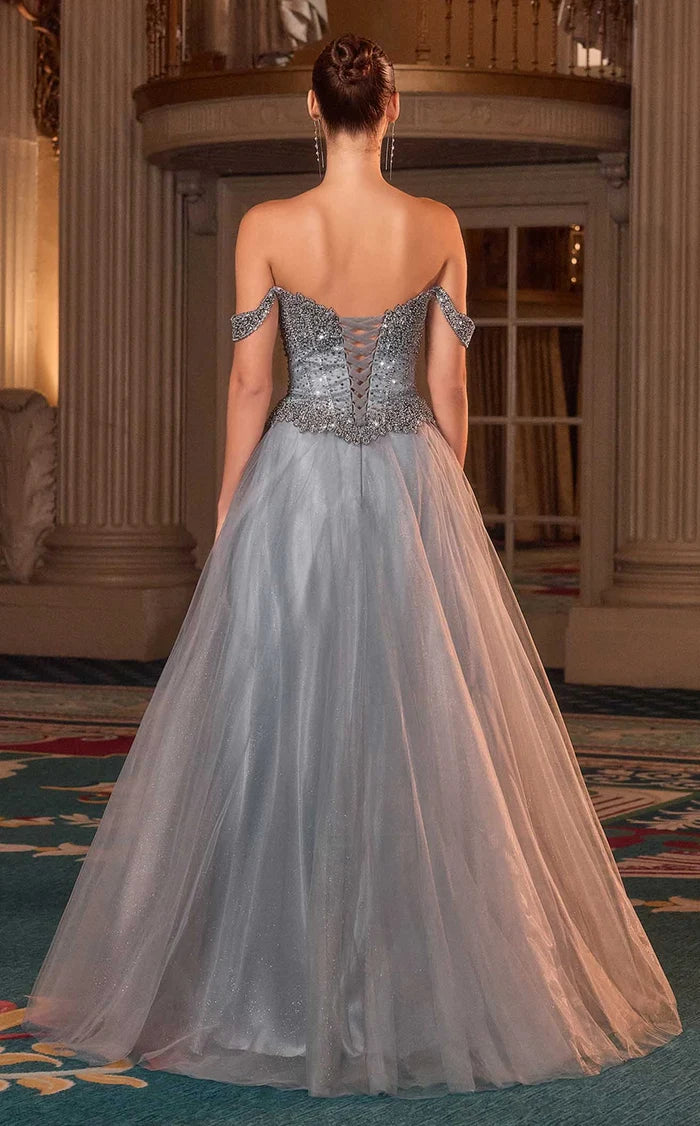 Silver Grey Sequin Tulle A-Line Sweetheart Lace Up Back Floor-Length Dress Back View - Aabei Dress