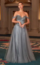 Silver Grey Sequin Tulle A-Line Sweetheart Lace Up Back Floor-Length Dress Front View - Aabei Dress