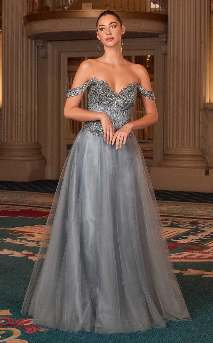 Silver Grey Sequin Tulle A-Line Sweetheart Lace Up Back Floor-Length Dress Front View - Aabei Dress