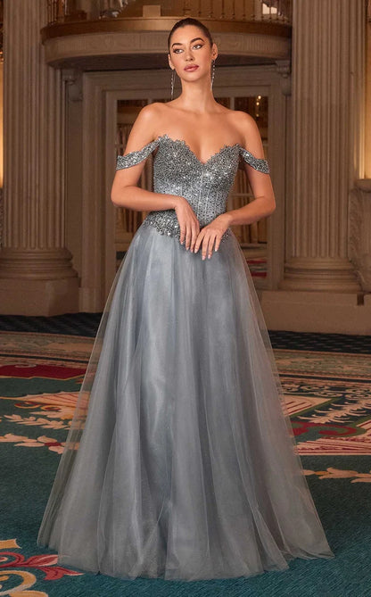 Silver Grey Sequin Tulle A-Line Sweetheart Lace Up Back Floor-Length Dress Front View - Aabei Dress
