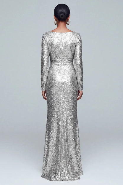 Silver Sequin sheath-column plunging-v-neck zipper-back floor-length Dress Back View - Aabei Dress