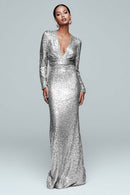 Silver Sequin sheath-column plunging-v-neck zipper-back floor-length Dress Front View - Aabei Dress