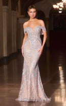 Silver Sequin Trumpet Off-the-Shoulder Low Back Floor-Length Dress Front View - Aabei Dress