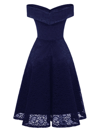 A-Line WE Party Dress Wedding Guest Holiday Knee Length Short Sleeve Off Shoulder Bridesmaid Dress Lace with Pleats Lace Insert