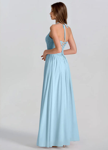 Sky Blue Chiffon A-Line Sweetheart Lace-up Floor-Length Dress Back View - Aabei Dress