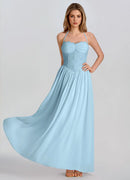 Sky Blue Chiffon A-Line Sweetheart Lace-up Floor-Length Dress Front View - Aabei Dress