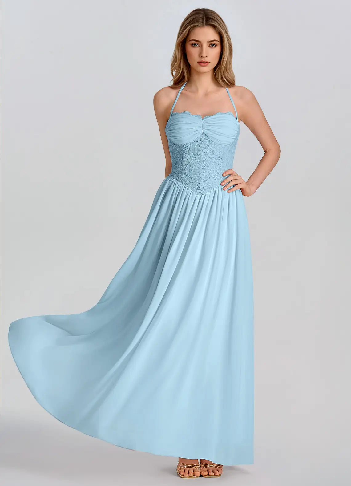 Sky Blue Chiffon A-Line Sweetheart Lace-up Floor-Length Dress Front View - Aabei Dress