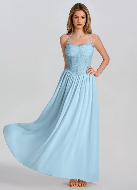 Sky Blue Chiffon A-Line Sweetheart Lace-up Floor-Length Dress Front View - Aabei Dress