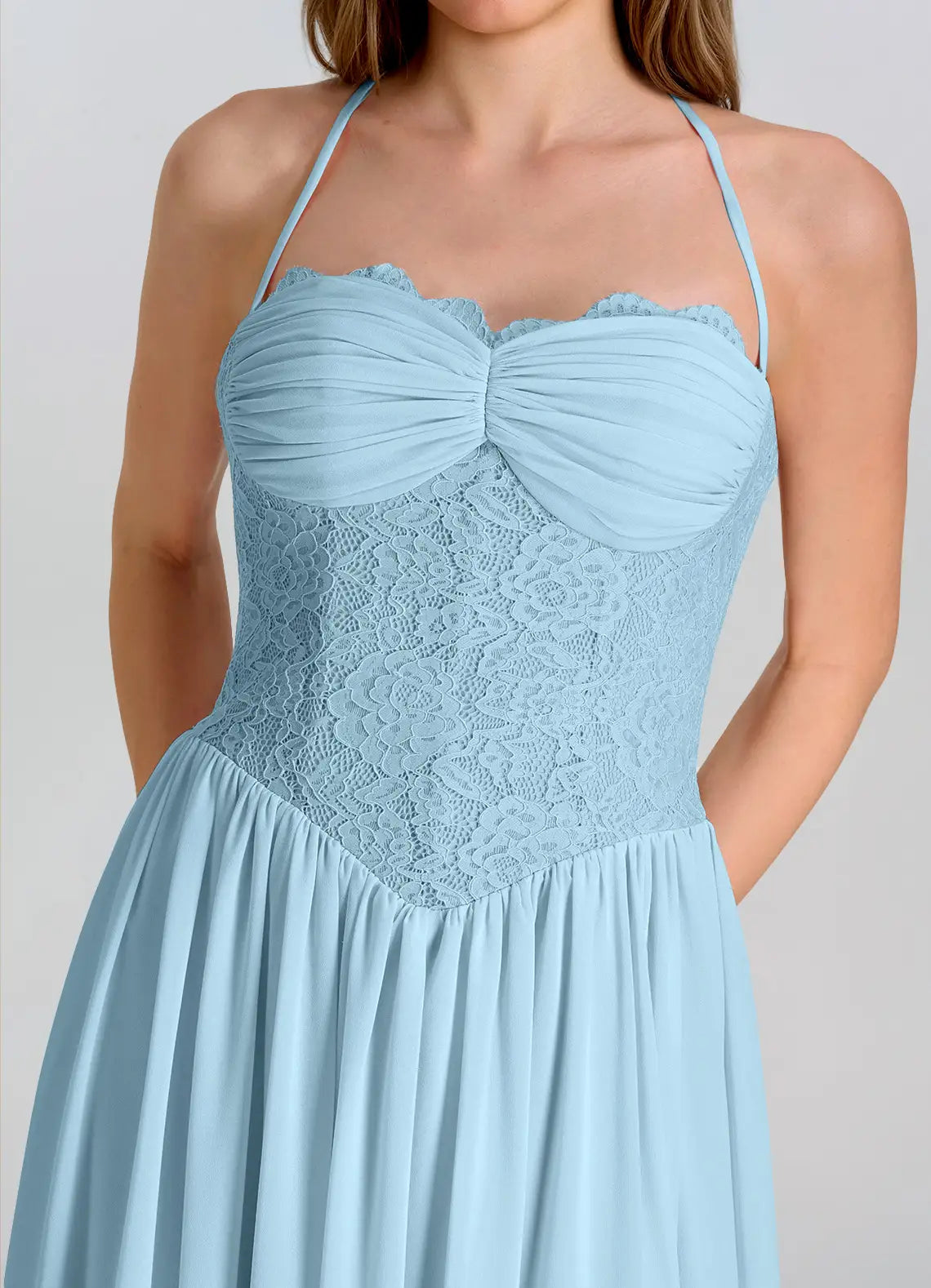 Sky Blue Chiffon A-Line Sweetheart Lace-up Floor-Length Dress - Aabei Dress