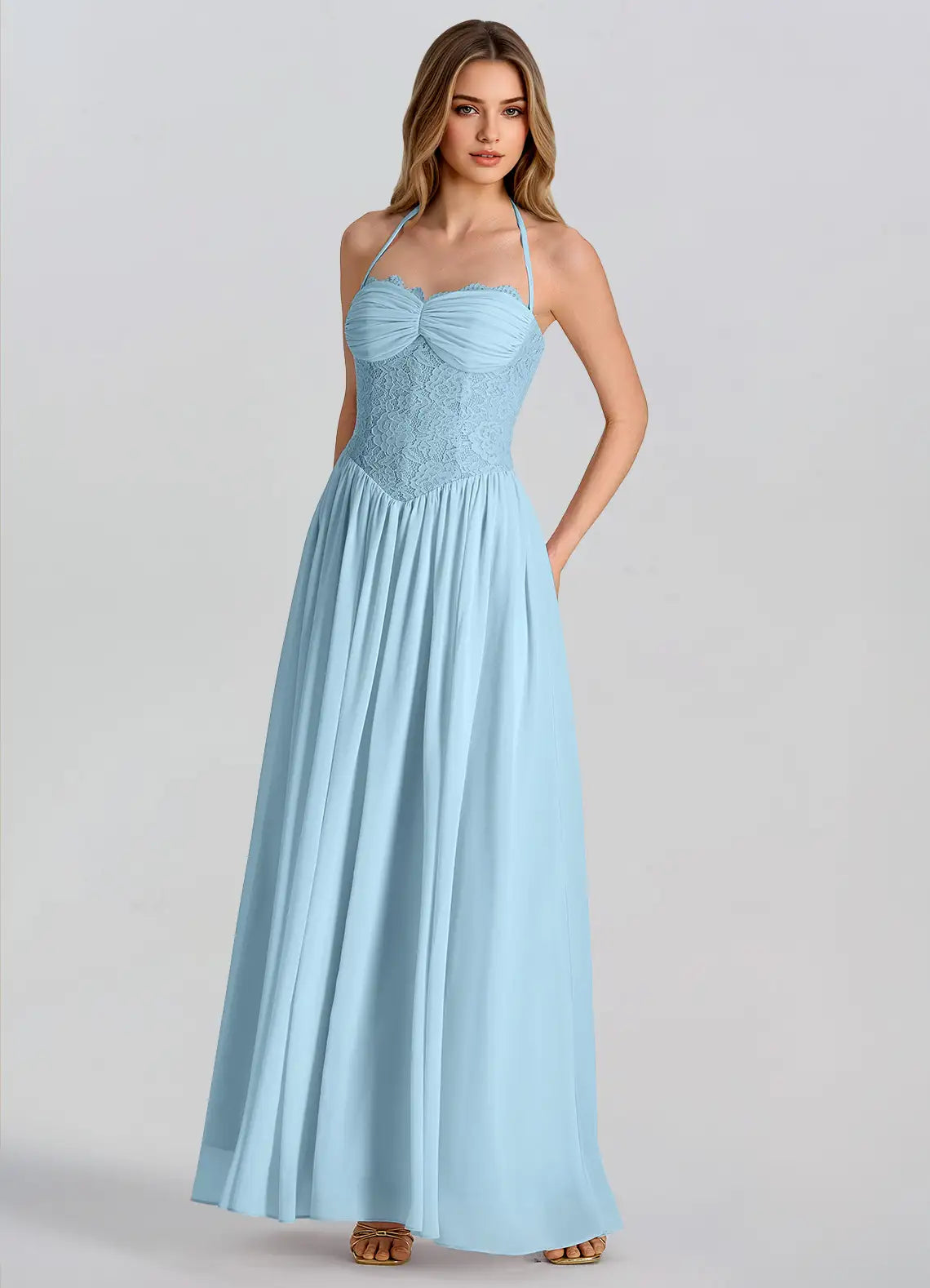 Sky Blue Chiffon A-Line Sweetheart Lace-up Floor-Length Dress - Aabei Dress