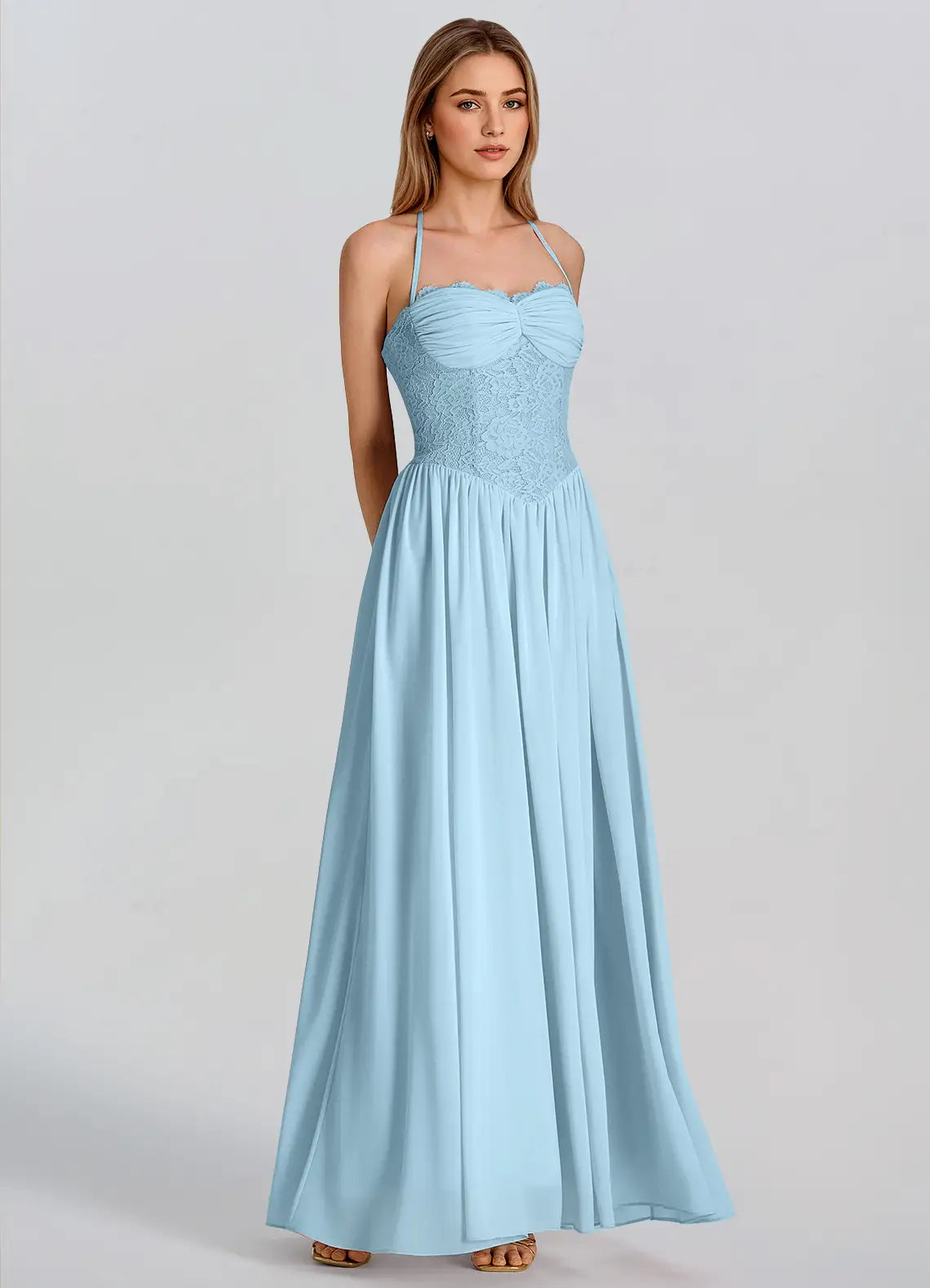 Sky Blue Chiffon A-Line Sweetheart Lace-up Floor-Length Dress - Aabei Dress