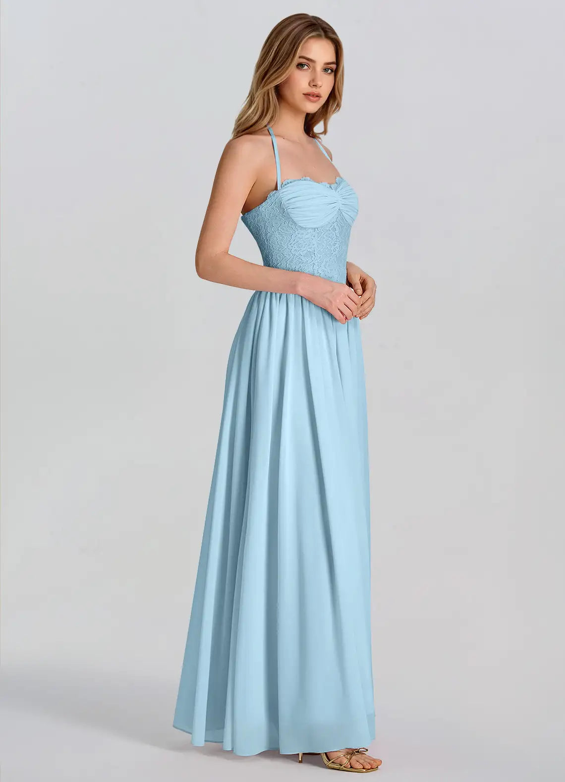 Sky Blue Chiffon A-Line Sweetheart Lace-up Floor-Length Dress - Aabei Dress