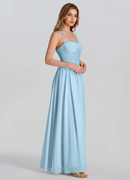Sky Blue Chiffon A-Line Sweetheart Lace-up Floor-Length Dress - Aabei Dress