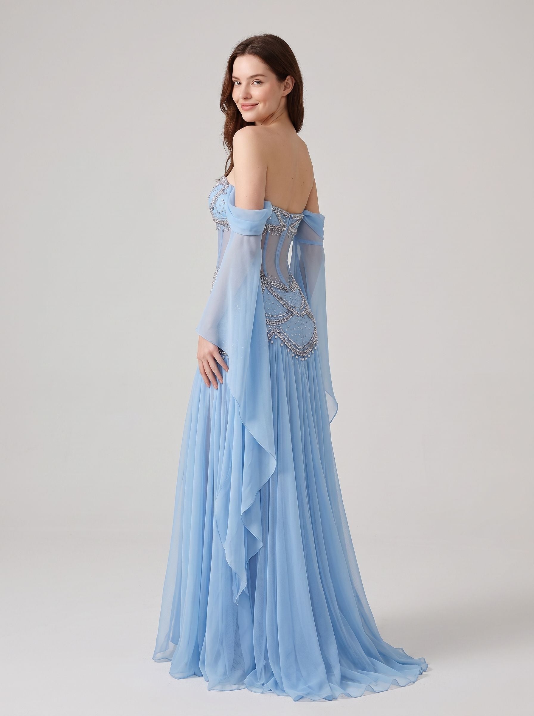 Sky Blue Chiffon and Mesh A-Line Off-the-Shoulder Zipper Back Floor Length Dress Back View - Aabei Dress
