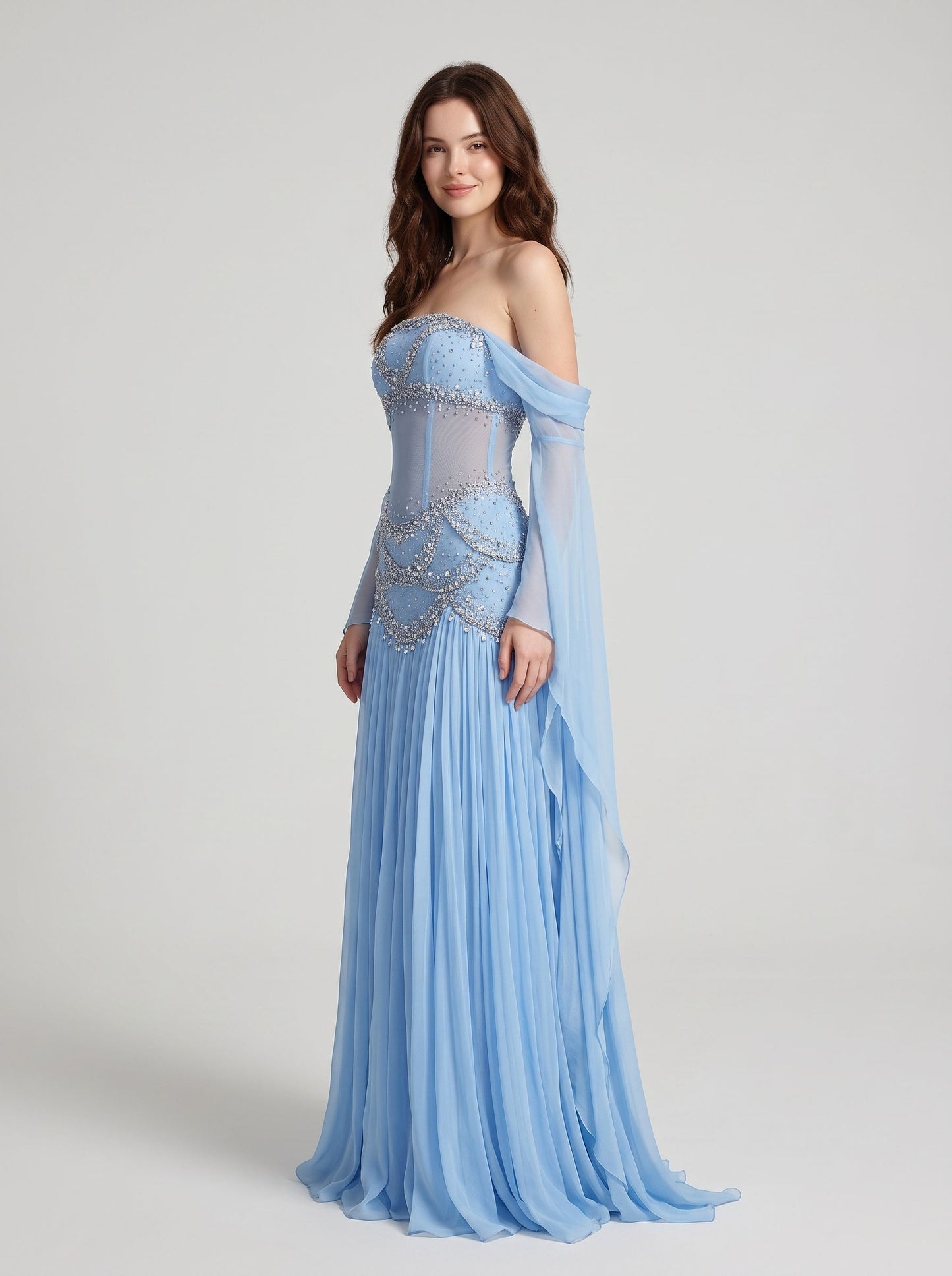 Sky Blue Chiffon and Mesh A-Line Off-the-Shoulder Zipper Back Floor Length Dress - Aabei Dress