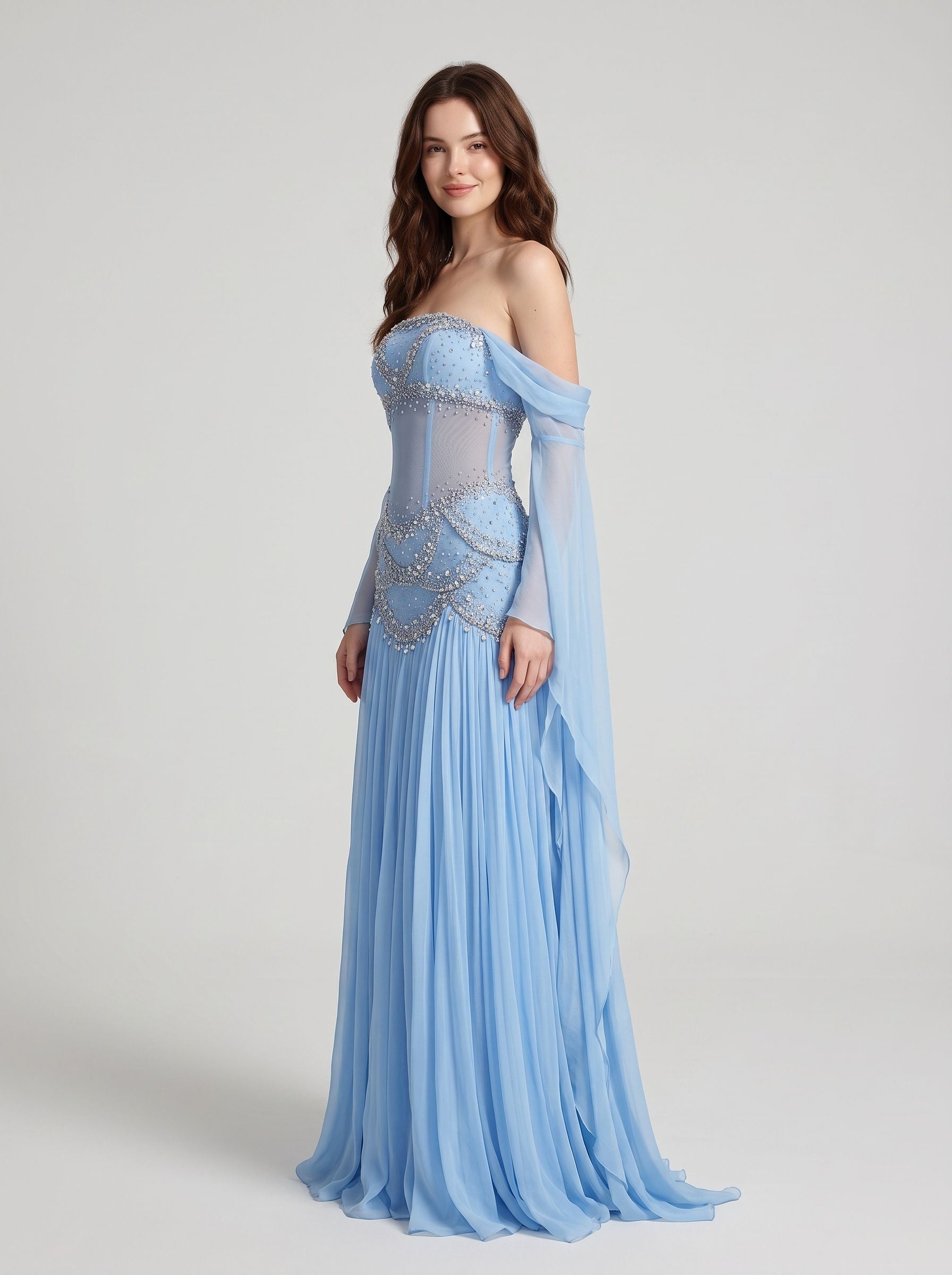 Sky Blue Chiffon and Mesh A-Line Off-the-Shoulder Zipper Back Floor Length Dress - Aabei Dress