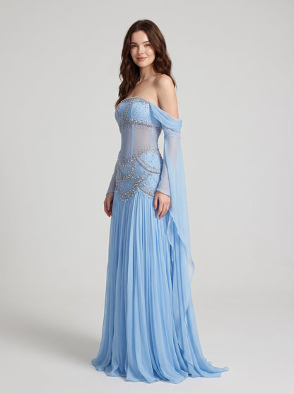 Sky Blue Chiffon and Mesh A-Line Off-the-Shoulder Zipper Back Floor Length Dress - Aabei Dress