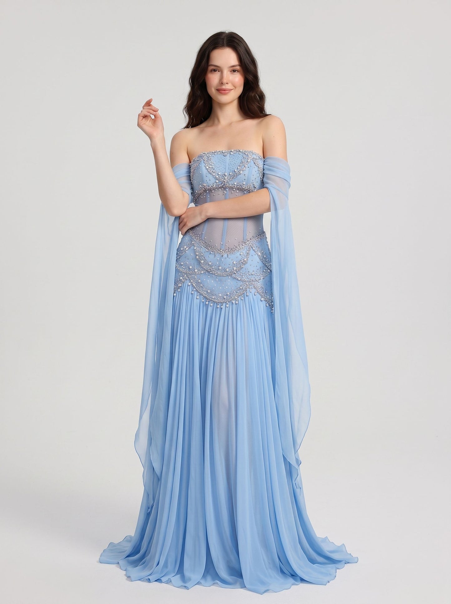 Sky Blue Chiffon and Mesh A-Line Off-the-Shoulder Zipper Back Floor Length Dress - Aabei Dress
