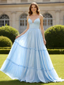 Sky Blue Chiffon tiered v-neck v-back floor-length Dress Front View - Aabei Dress