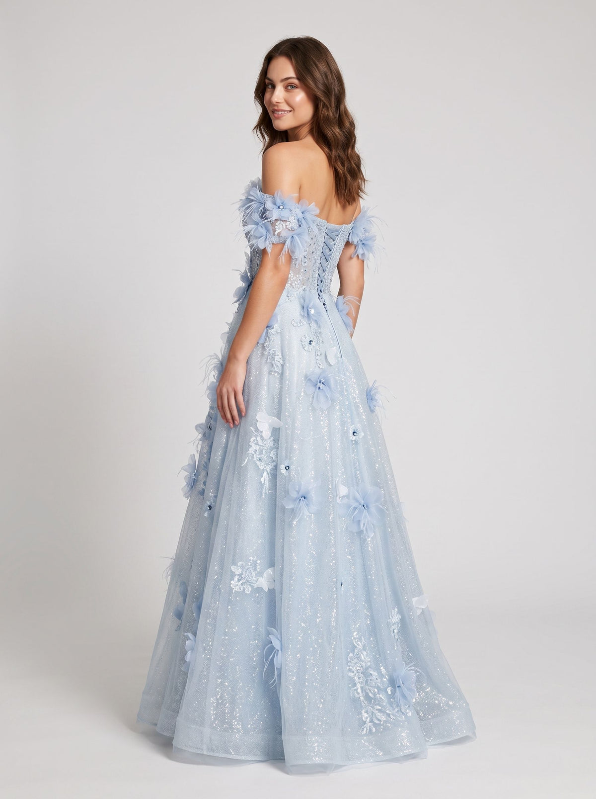 Sky Blue Glitter Tulle A-Line Off-The-Shoulder Floor-Length Dress Back View - Aabei Dress