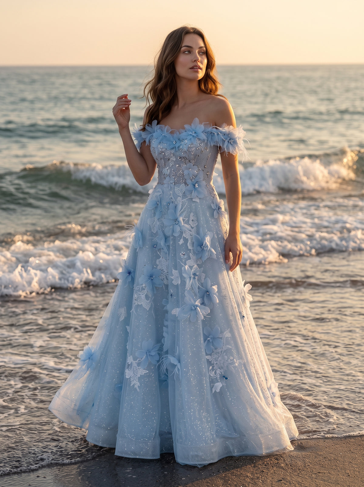Sky Blue Glitter Tulle A-Line Off-The-Shoulder Floor-Length Dress Front View - Aabei Dress