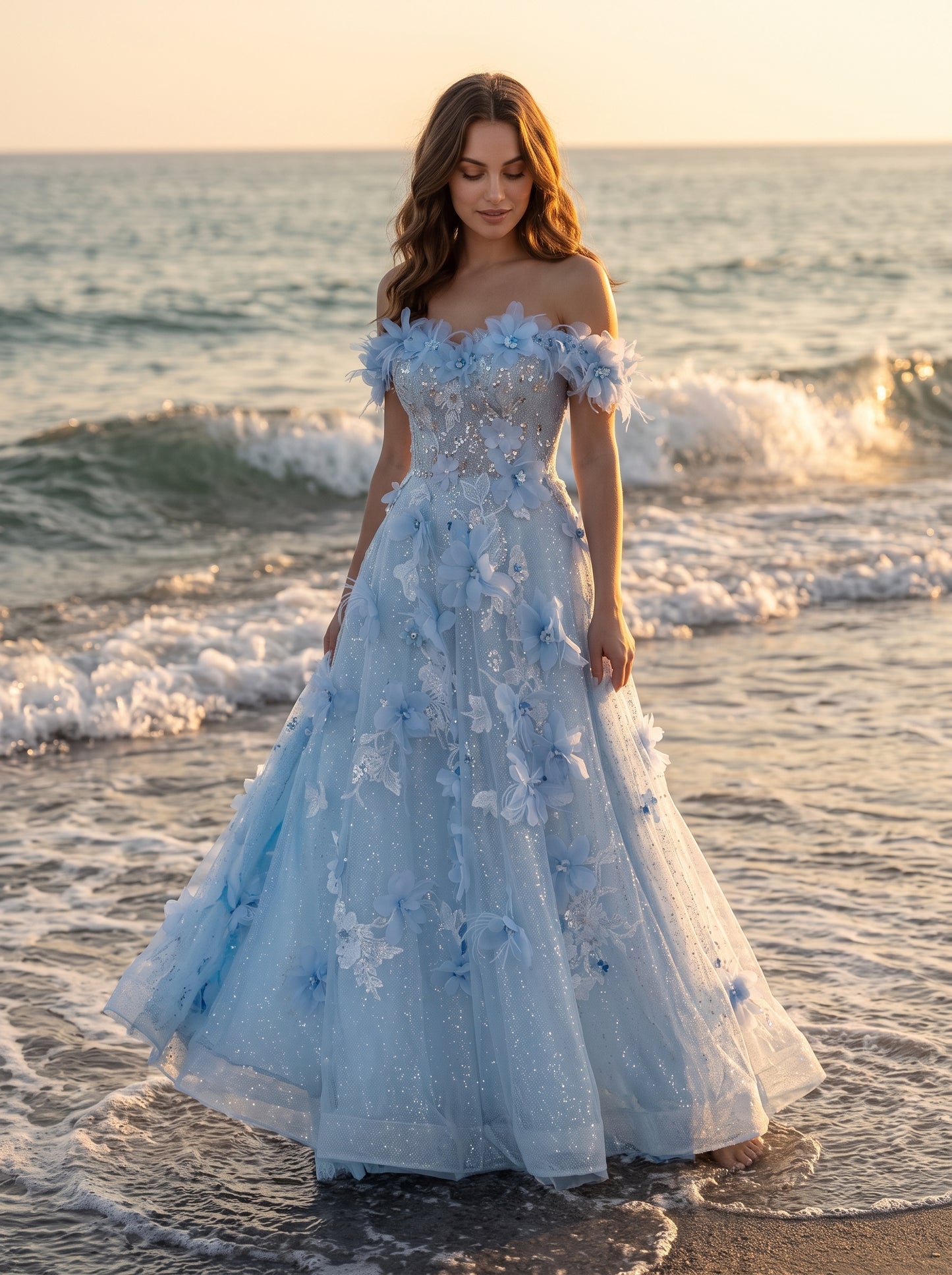 Sky Blue Glitter Tulle A-Line Off-The-Shoulder Floor-Length Dress - Aabei Dress