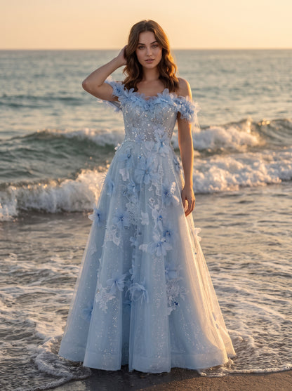 Sky Blue Glitter Tulle A-Line Off-The-Shoulder Floor-Length Dress - Aabei Dress