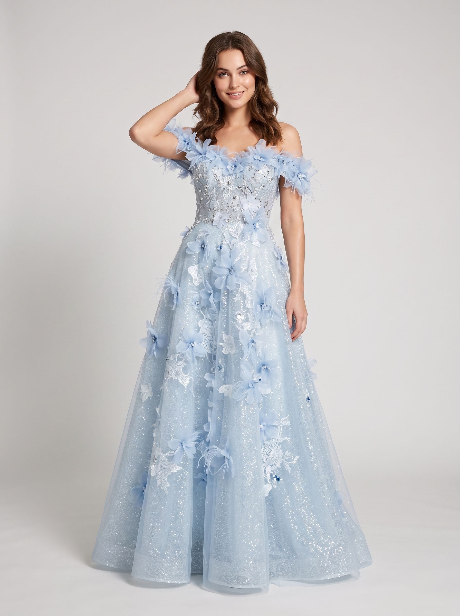 Sky Blue Glitter Tulle A-Line Off-The-Shoulder Floor-Length Dress - Aabei Dress